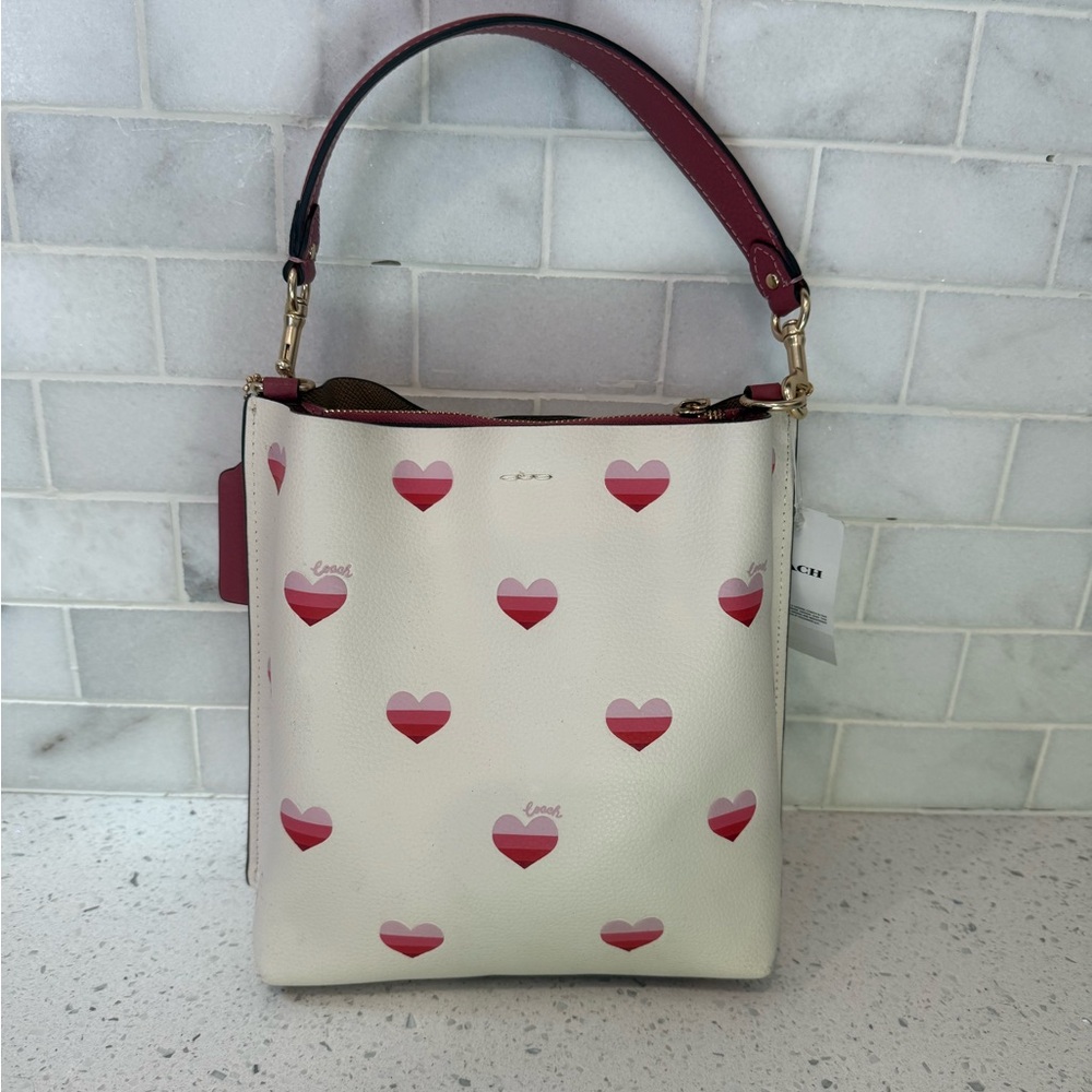 NWT Coach White & Striped Pink Heart Crossbody Bag with Card Case & Extra Strap - Picture 5 of 15